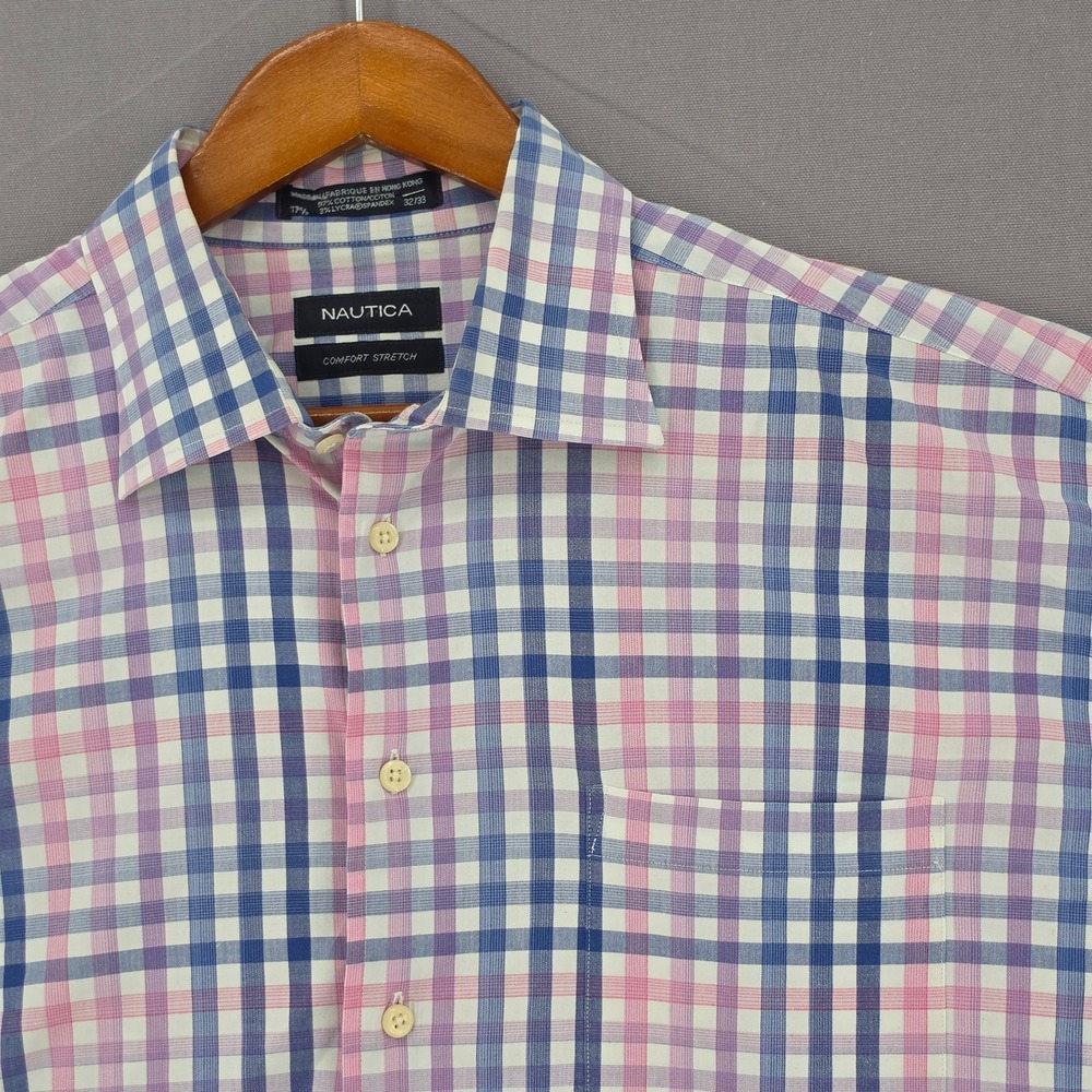 Nautica Comfort Stretch Mens Plaid Button Down Shirt Blue Pink White 32/33 XL